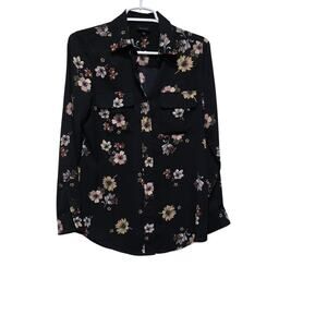Who What Wear Floral Button Up Blouse XS Black Utility Pocket